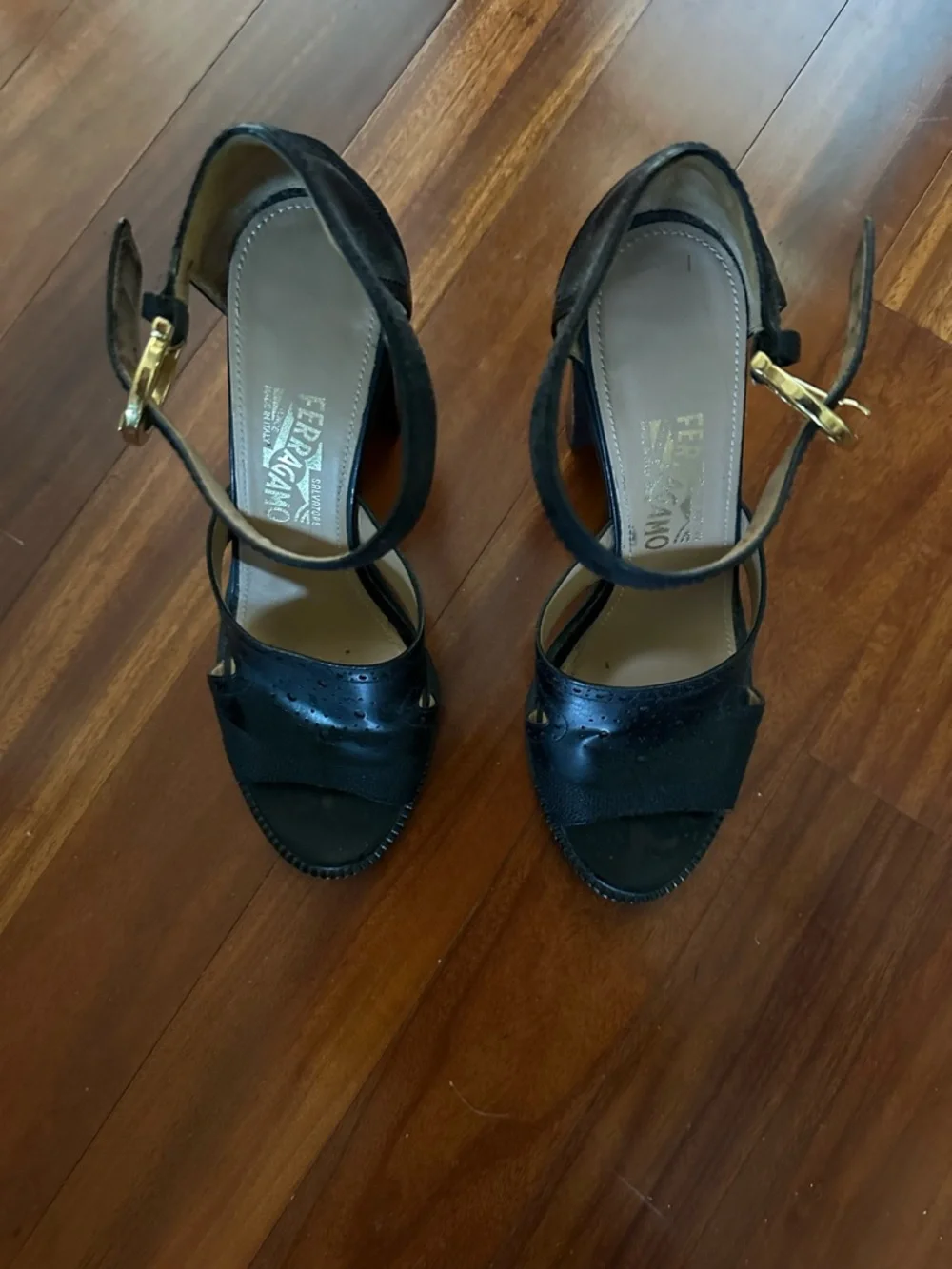Salvatore Ferragamo Black Suede Platform Sandals with Gold Buckles